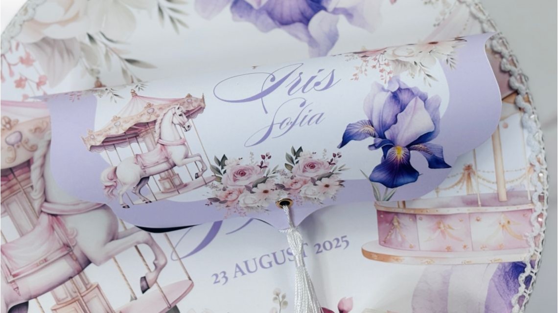 Trusou botez cu carusel și flori de iris în lila și roz prăfuit – „Caruselul Magic” 37